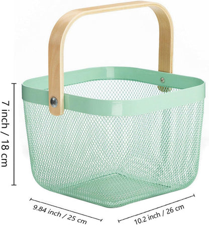 AJIODA Metal Mesh Steel Basket, Storage Organizer Basket Multi-functional Hanging Kitchen Baskets Fruit Basket Bin with Bamboo Handle for Kitchen Bathroom Picnic Shopping Decor Cabinet Home, Blue