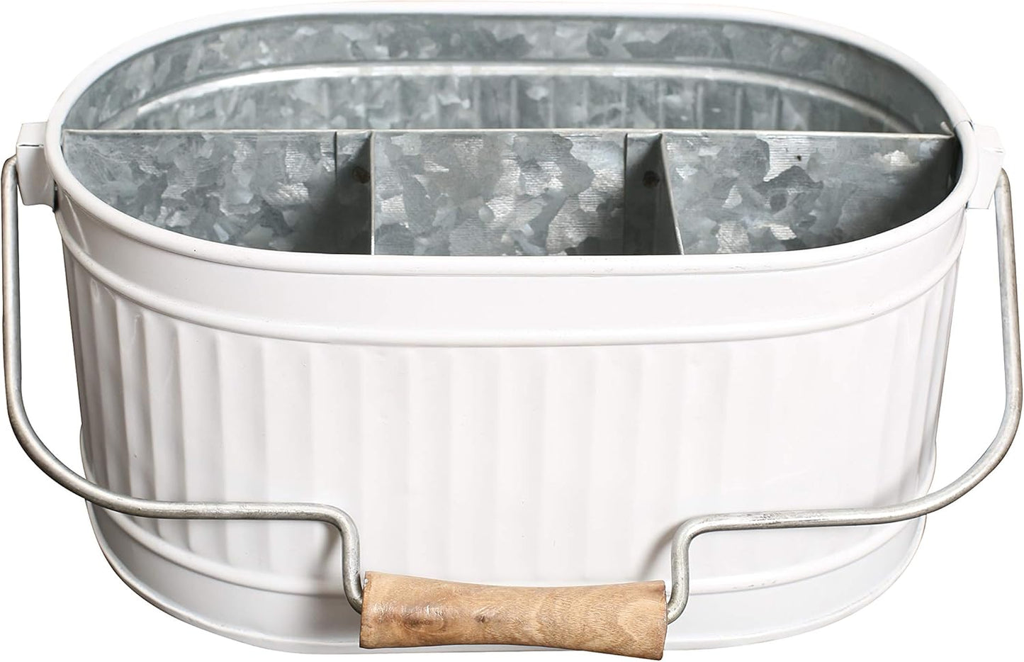Alpha Living Home Galvanized Metal Utensil Caddy - Rustic Farmhouse Organizer Metal Garden Caddy with 4 Compartments and Wooden Handle for Kitchen, Buffet & Outdoor Events (Silver)