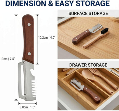 3-in-1 Stainless Steel Vegetable Peeler and Julienne Shredder | Wood handle, built-in bottle opener, cleaning brush included; compact tool for cooking, BBQ, camping, and meal prep.
