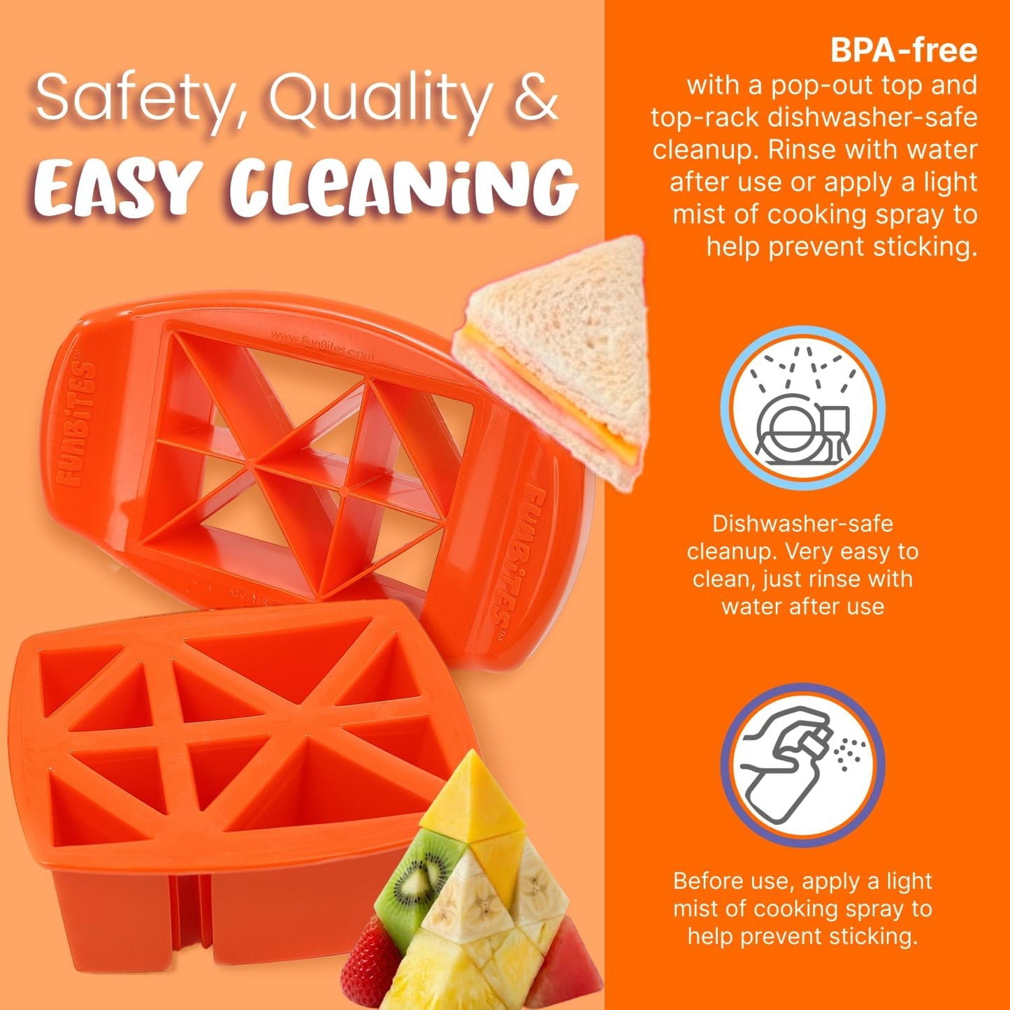FUNBITES Crustless Sandwich Cutter for Kids Lunch, Uncrustable Sandwich Cutter (6-piece set), Bite-Size Food Cutter for Toddlers, Bento Box Accessories, Dishwasher Safe, Squares/Hearts/Triangles 3pk