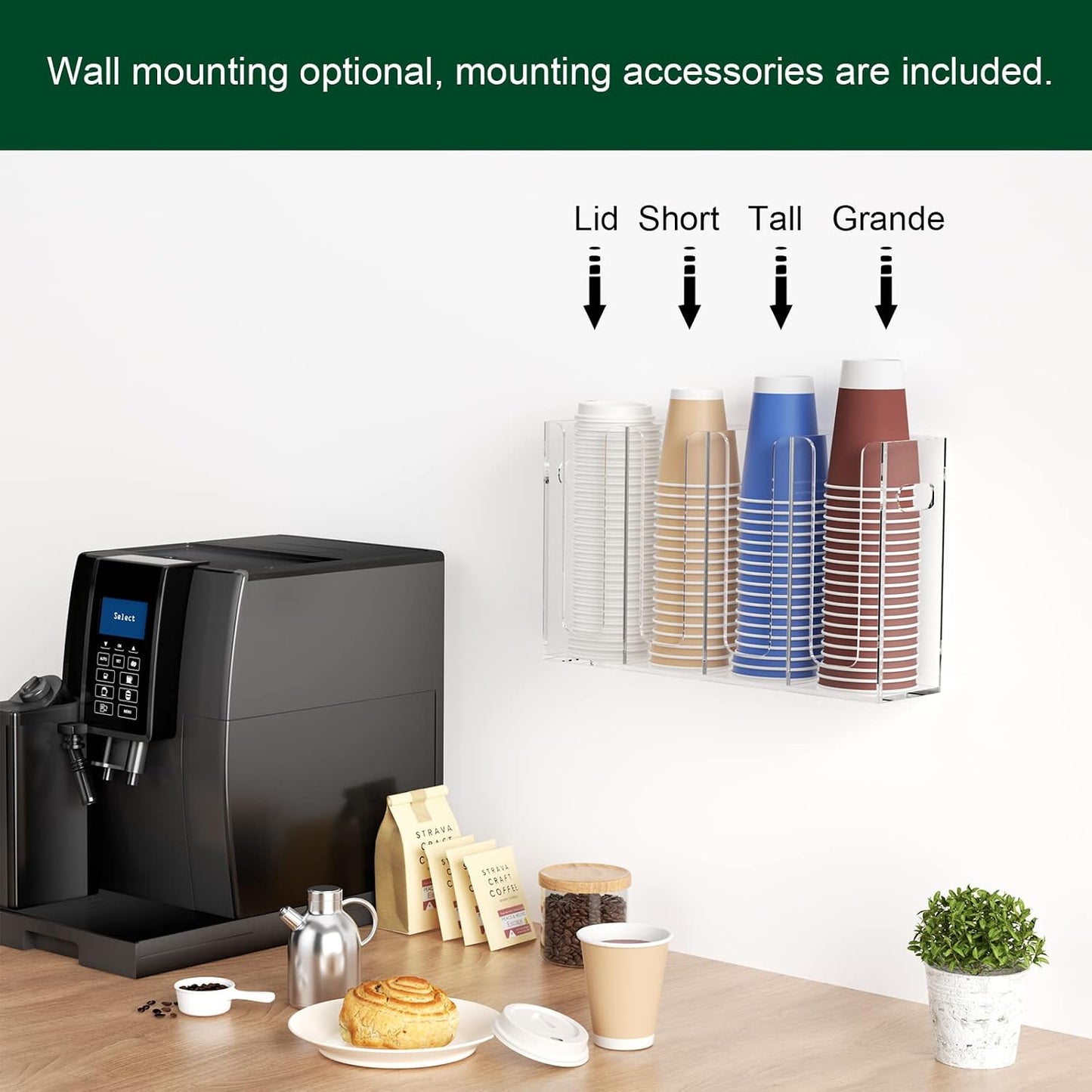 Disposable Coffee Cup Dispenser with Handles, Countertop or Wall Mount Hot/Cold Drink Cup and Lid Holder - Bathroom/Kitchen/Office Acrylic Cup Lid Storage Organizer (1 Compartment, Clear)