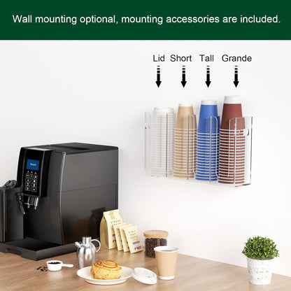 Disposable Coffee Cup Dispenser with Handles, Countertop or Wall Mount Hot/Cold Drink Cup and Lid Holder - Bathroom/Kitchen/Office Acrylic Cup Lid Storage Organizer (1 Compartment, Clear)