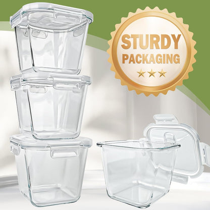 Glass Soup Containers with Lids 32oz - Borosilicate Glass Storage Containers 4 Cup, Freezer to Microwave Safe, Airtight Leak Proof, Square Meal Prep Containers for Lunch Travel- 6 Pack