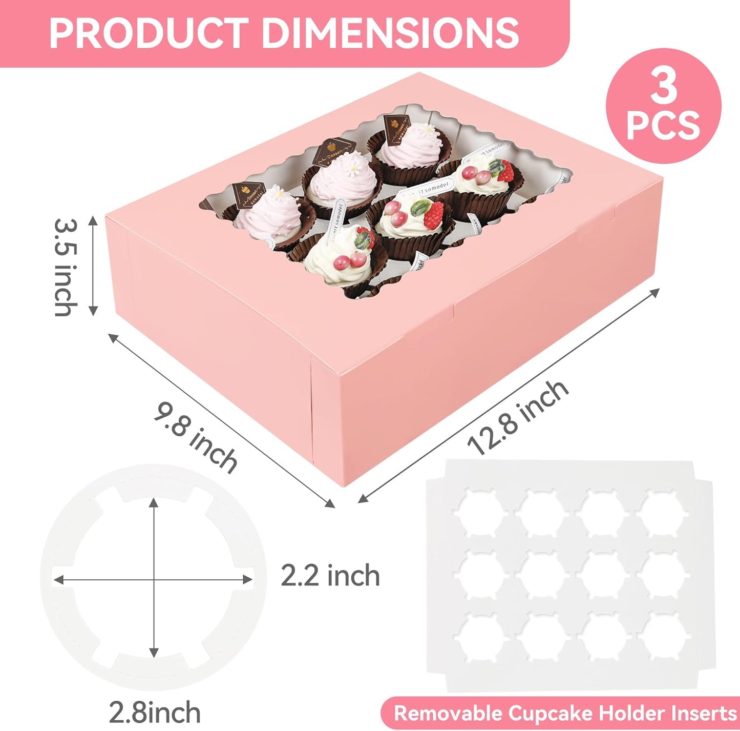 3-Set Cupcake Boxes Bulk with Clear Display Window Hold 12 Standard Cupcakes, Disposable Food Grade White Cupcake Carrier Cupcake Container, Perfect for Cupcakes Muffins Cookies Pastries