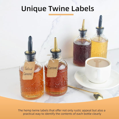 Simple Syrup Bottles Set of 4, Glass Coffee Syrup Dispenser Bottles 7 OZ With Metal Pour Spout, Labels and Stopper, Glass Syrup Dispenser for Maple Honey Syrup Oil and Sauces, LC004 (4 Pack)