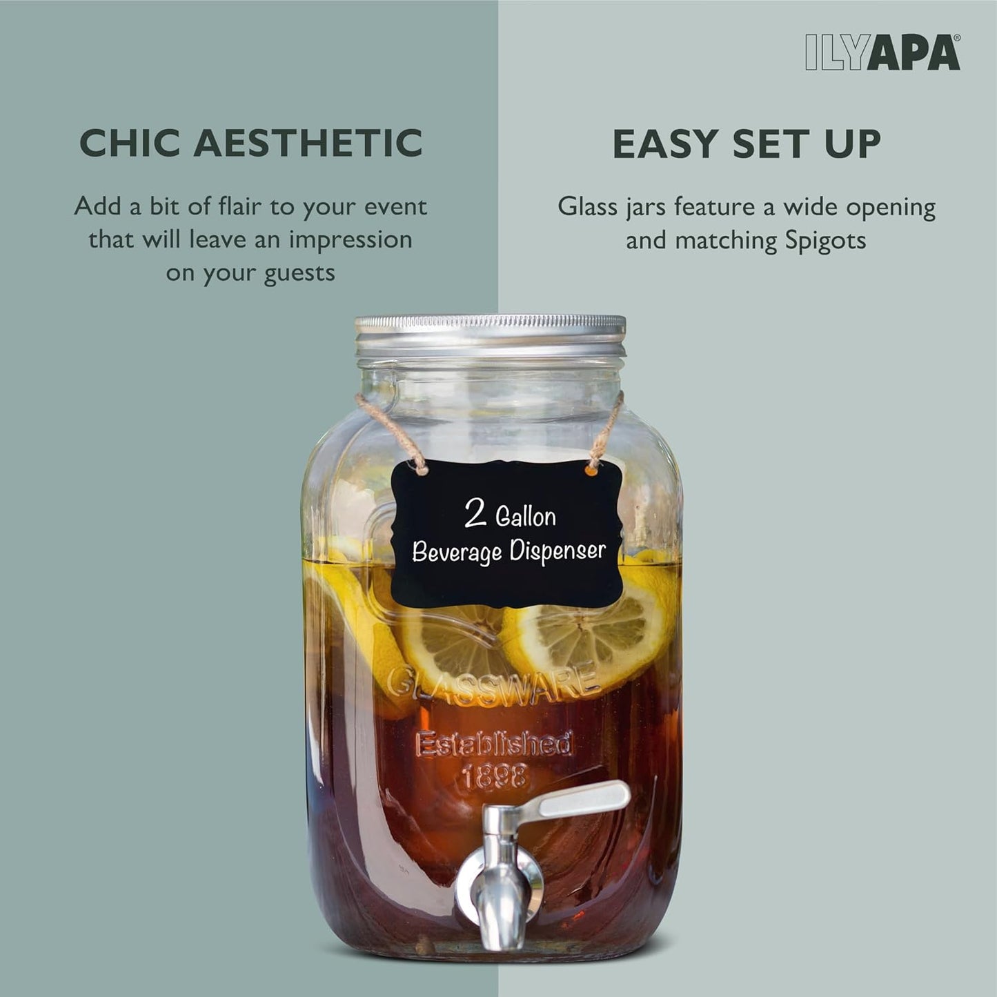 Ilyapa 2 Gallon Glass Beverage Dispenser, Metal Base, Stainless Steel Spigot & Hanging Chalkboard - for Lemonade, Tea, Cold Water & More