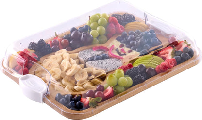 Farberware Build-A-Board Bamboo Cutting Board with Built-In Compartments & Clear Locking Lid, Black Handles, Charcuterie, Snack Tray, Food Prep and Serving Platter