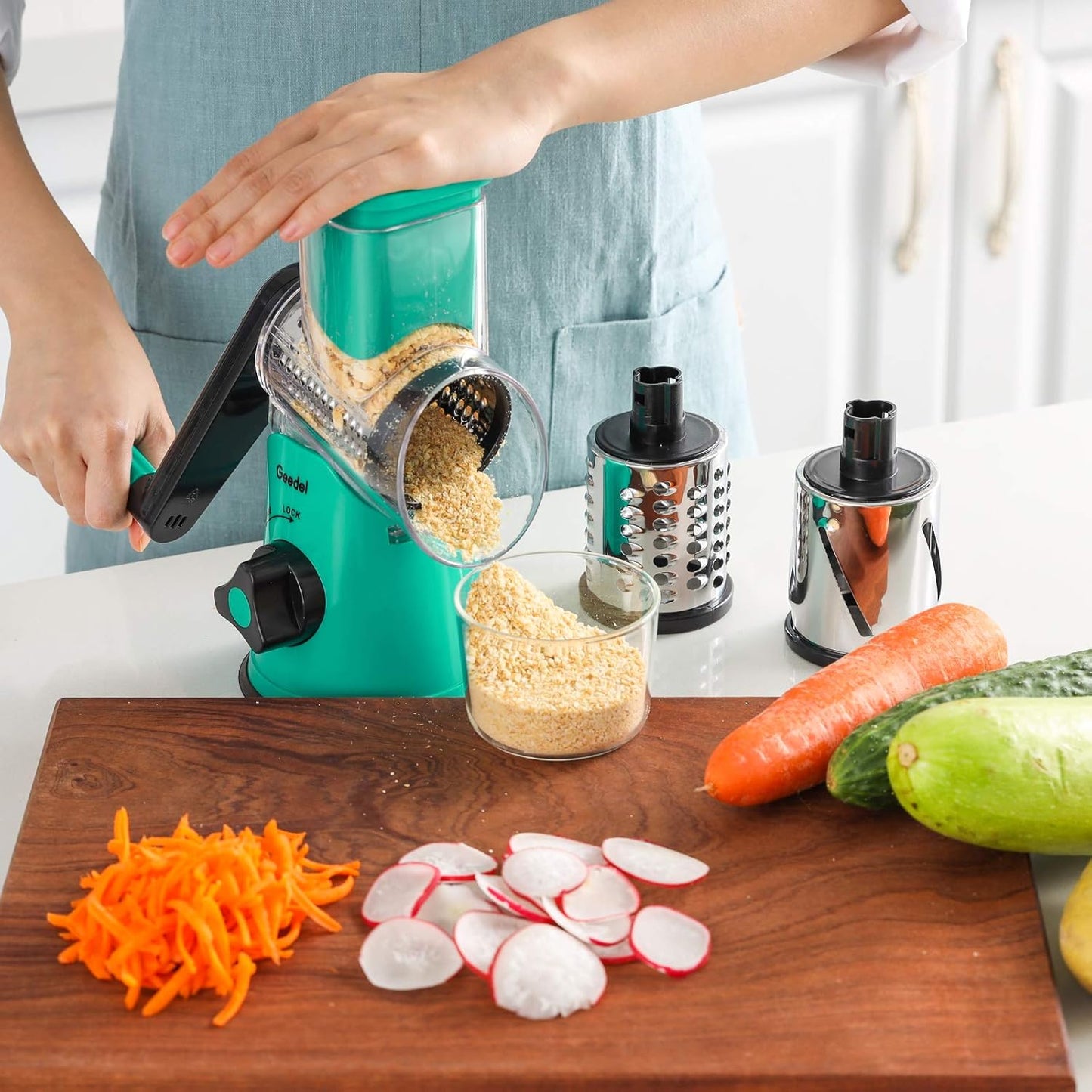 Geedel Rotary Cheese Grater, Kitchen Mandoline Vegetable Slicer with 3 Interchangeable Blades, Easy to Clean Rotary Grater Slicer for Cheese, Vegetables, Nuts