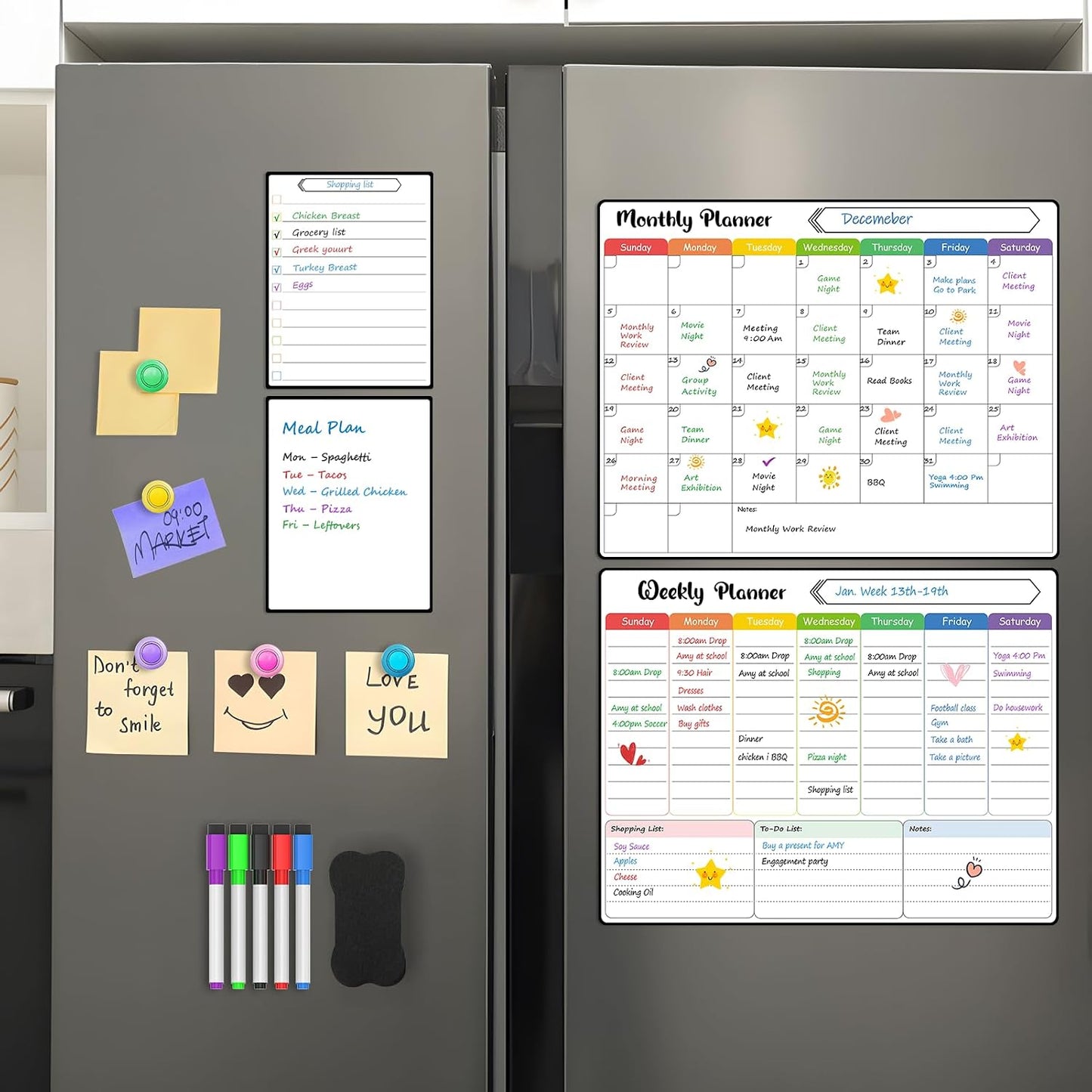 MaxGear 4 Pack Magnetic Fridge Calendar Set, 15" x 11.5" Dry Erase Whiteboard Calendar for Refrigerator, Includes Monthly, Weekly, List and Small Board with 5 Markers, 1 Eraser and 5 Magnets