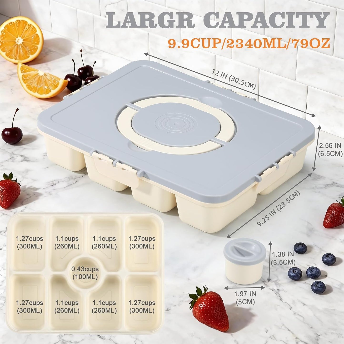 Snackle Box Container, Divided Serving Tray with Lid and Handle, 9 Compartments Snack Box Container for Adults, Portable Charcuterie Serving Platter for Candy Fruit, 9.9 Cups, White Grey