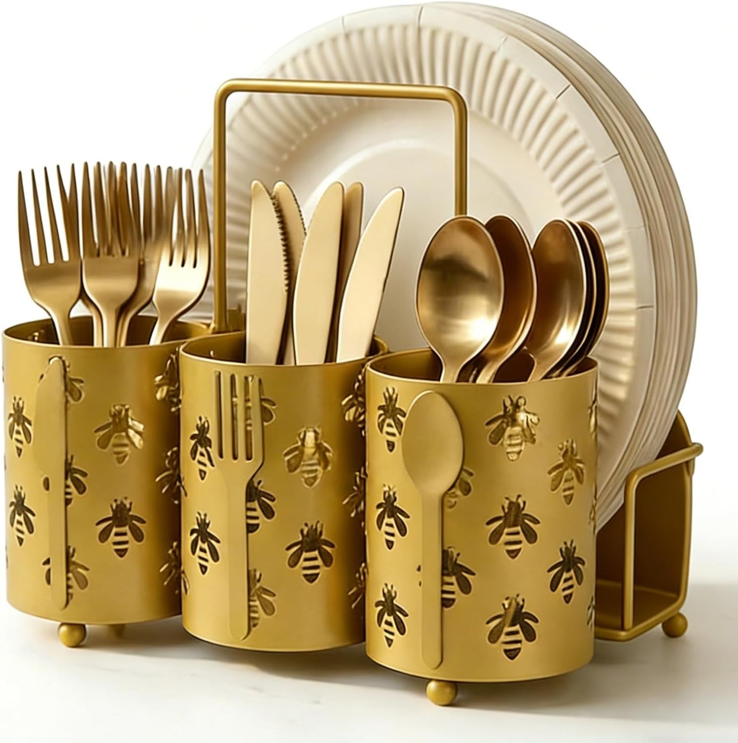 NelyBet Utensil Caddy Silverware Holder Fork Spoon Napkin Paper Plate Organizer Metal Utensil Holder Cutlery Flatware Organizers for Party Kitchen Countertop Camping Picnic - Black Mesh