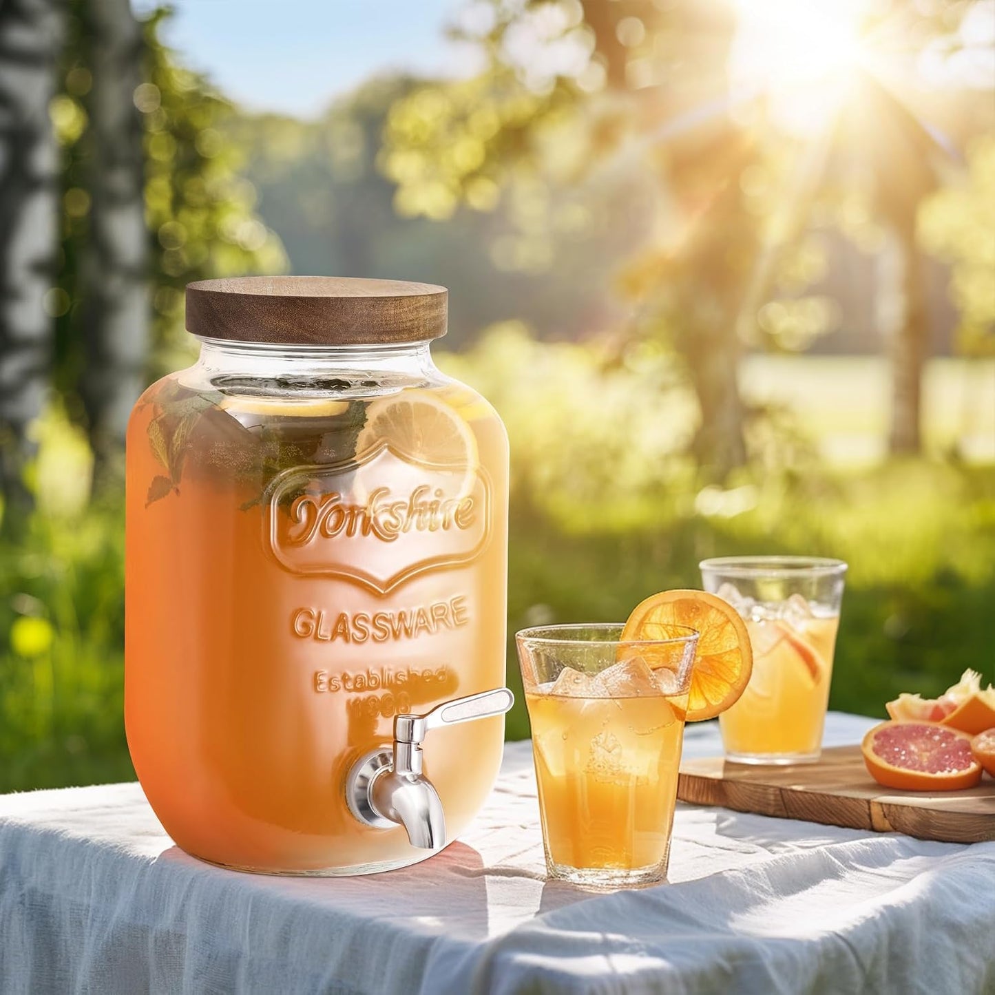 mustry Glass Drink Dispenser for Parties, 1 Gallon Beverage Dispenser with Stand and Spigot Solid Stainless Steel, Used as Lemonade Dispenser Sun Tea Jar Kombucha Jar, Set of 2