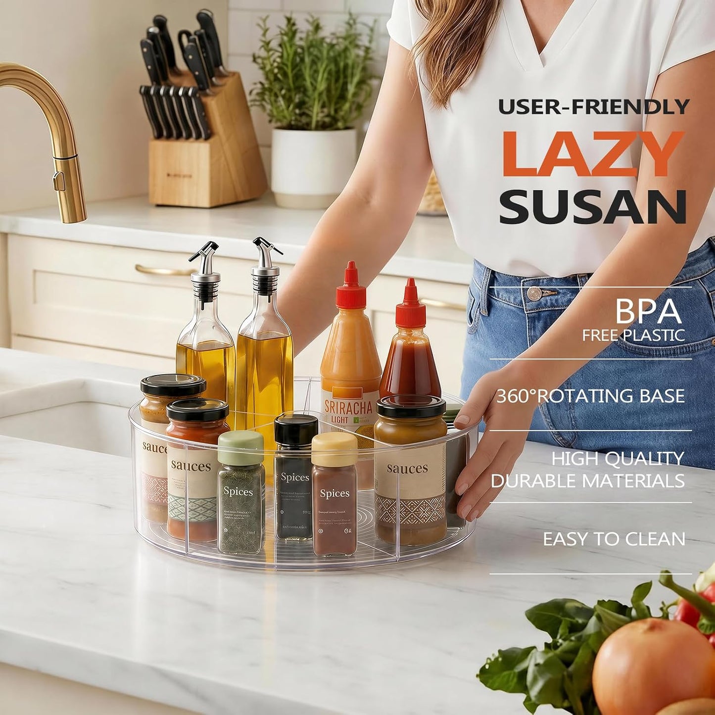 2 Pack Lazy Susan Organizer, 9 inch Rotating Storage Organizer with 4 Removable Bins, Lazy Susan Turntable Organizer for Fridge, Kitchen, Vanity, Cabinet