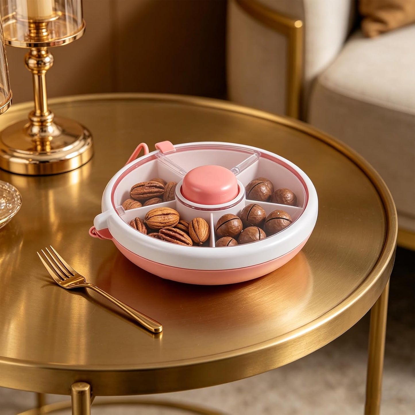 Compartmentalized Snack Tray with Lid, Portable Rotating Kids Snack Container for Dry Fruits, Candies, Crackers, Great for Picnics, Travel, Parties Pink