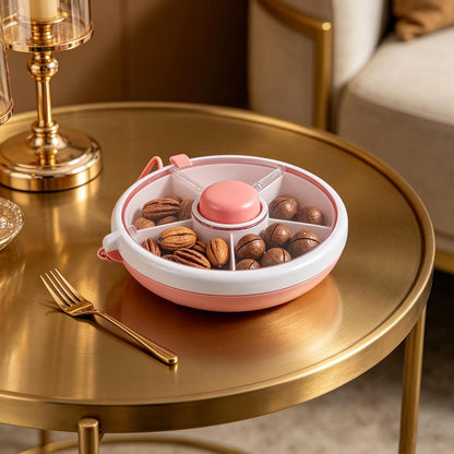 Compartmentalized Snack Tray with Lid, Portable Rotating Kids Snack Container for Dry Fruits, Candies, Crackers, Great for Picnics, Travel, Parties Pink
