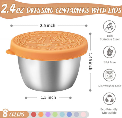 SANEXC 8 Pack - 1.6 Oz Small Salad Dressing Containers To Go, Leakproof Condiment Containers with Lids Reusable Stainless Steel Sauce Cups for Lunch Boxes Kitchen Storage Picnics Travel Meal Prep