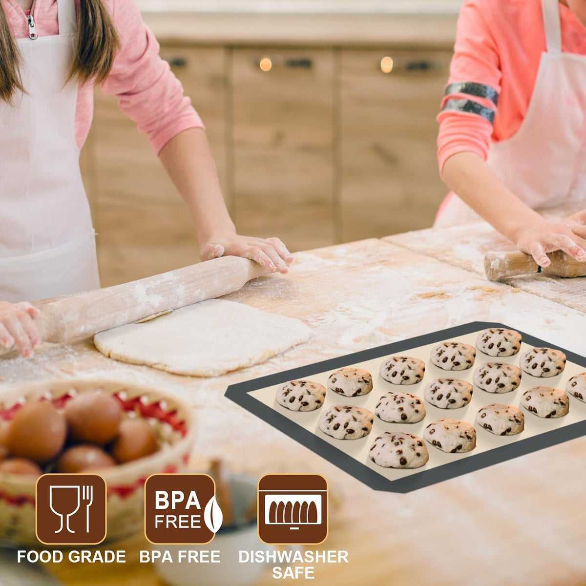 HOTEC Silicone Baking Mats 3 Pack – Non-Stick Reusable Silicone Baking Sheets for Oven – Cookie & Macaron Mats – 2 Half Sheet + 1 Quarter Sheet – BPA-Free, Dishwasher Safe
