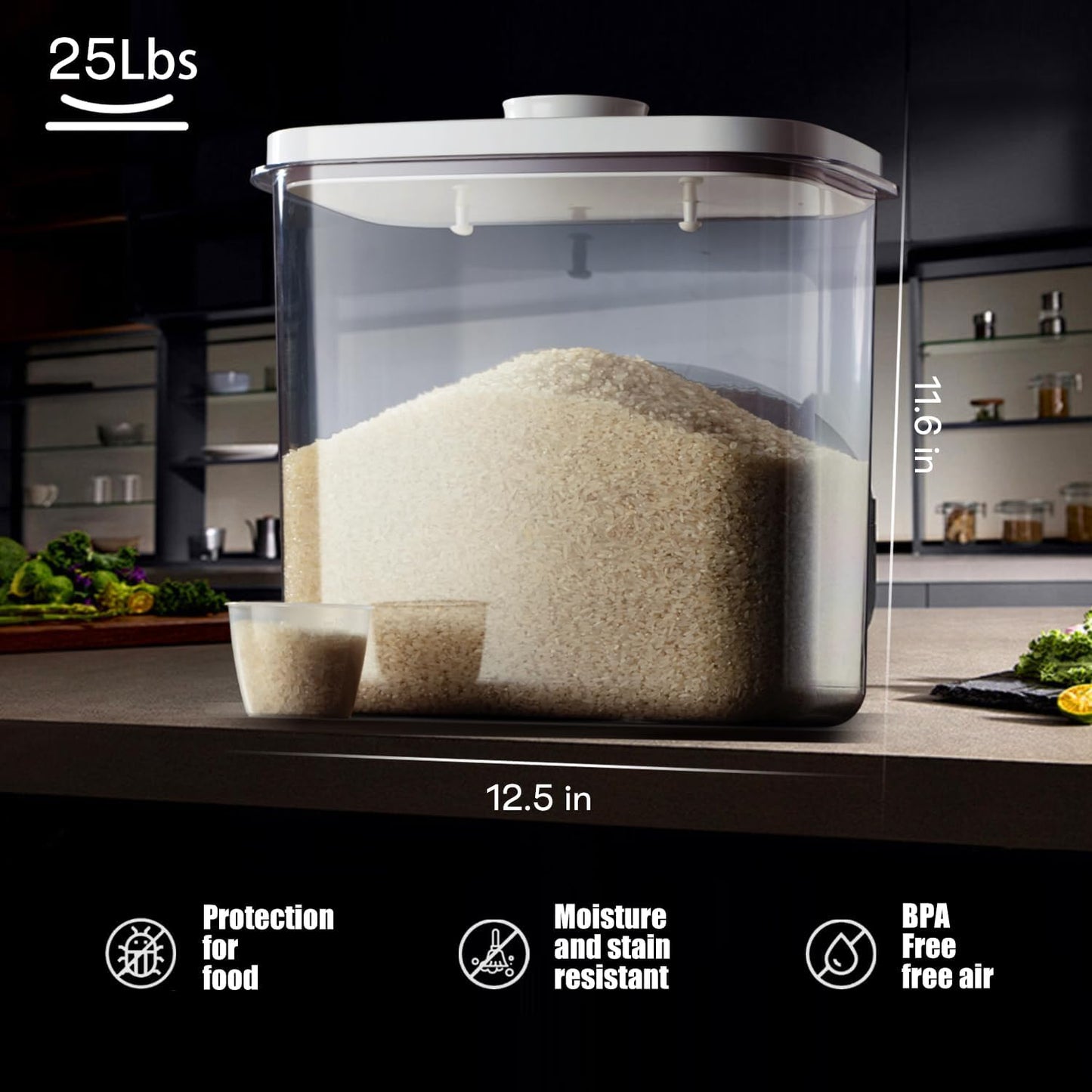 Rice Container - 10 Lbs/5.6KG/5QT Cereal Dispenser Storage Container Bin with Measuring Cup Food Bins Household for Kitchen Pantry Organization (D1065)