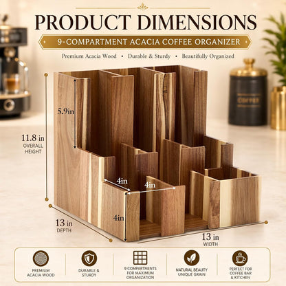 CroBlissful Wooden Vertical Coffee cup and lid dispenser, coffee condiment organizer, 9 Compartment for Disposable Paper & Plastic Cup, for cabinet Station Home Countertop Bar 13''l x 13''w x 12''h