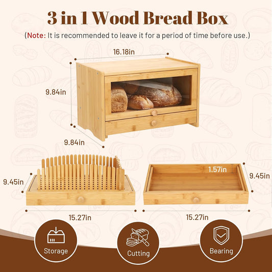 3in1 Bread Box for Kitchen Countertopm with Bread Slicer Bread Serving Tray