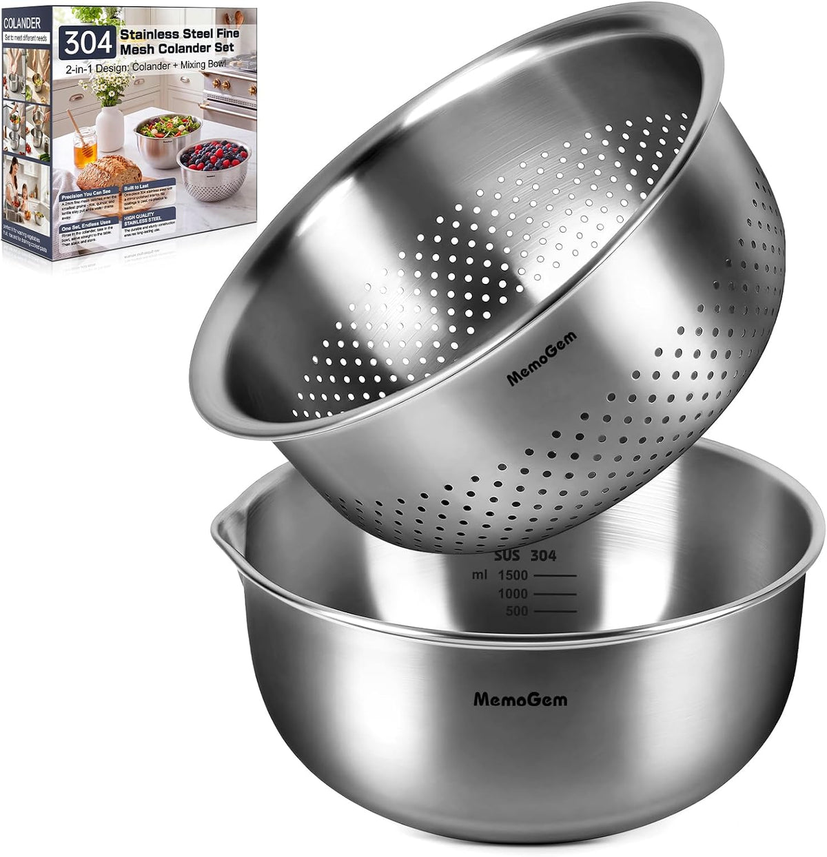 304 Stainless Steel Fine Mesh Colander Set, 1QT Large Capacity Strainer with Mixing Bowl, Rust Resistant Metal Strainer Bowl for Rinse Fruits, Veggies, Rice & Drain Pasta, Cooking, Dishwasher Safe