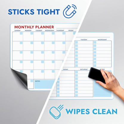 Magnetic Whiteboard Calendar for Fridge – 2-Pack Monthly & Weekly Planners (14”x12”) – Dry Erase Boards with Notes Section, Shaded Dates – Includes 4 Markers & Magnetic Eraser