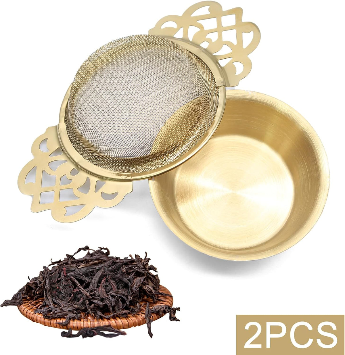 Tea Strainers with Drip Bowls, Gold, 2 Pack