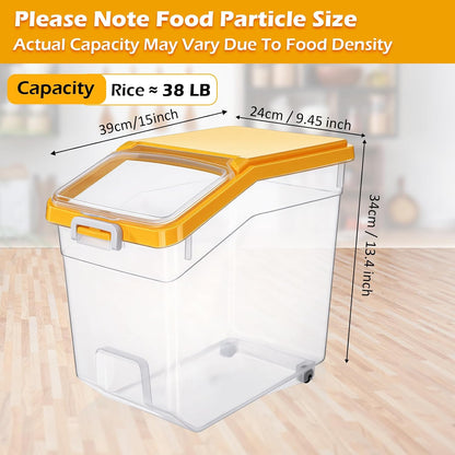 Sunnyray 4 Pcs Rice Storage Container 22 lb Airtight Flour Container with Wheels Measuring Cup Clear Pet Food Cube Dog Cat Birds Food Bin Grain Cereal Organizer Box for Dry Baking Supplies(White Lid)