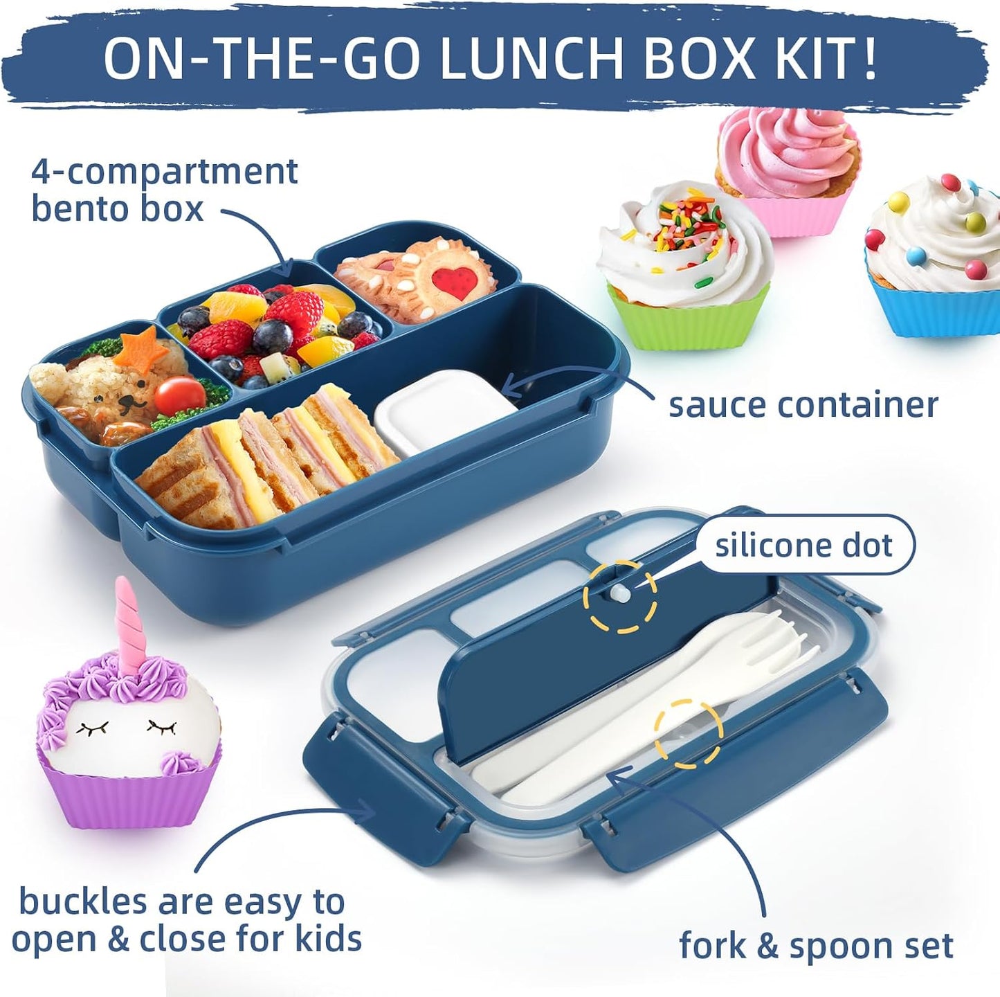 QQKO Bento Lunch Box for Kids Girls Boys, Toddler Kids Lunch Boxes for School, Lunch Containers for Adults with 4 Compartments, Sauce Container, Utensils, Food Picks and Muffin Cups, Purple