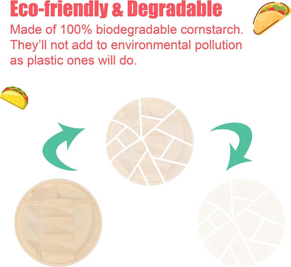 Small Disposable Taco Plates With Dipping Sides - 50 Pack, Biodegradable Cornstarch Taco Holder, Mini Size Fit 4-6 Inch Street Tortilla Shells, Sturdy & Microwave Safe, Bar Serving Set For A Party