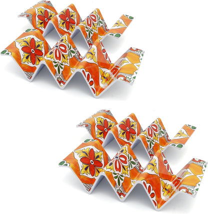TP Taco Holder Stands, Set of 2 Melamine Large Taco Serving Rack Tray with Handle, Holds 3 Tacos, Dishwasher Safe, Ideal for Taco Night, Party, Home, Fiesta, Talavera Tile