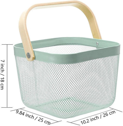 AJIODA Metal Mesh Steel Basket, Storage Organizer Basket Multi-functional Hanging Kitchen Baskets Fruit Basket Bin with Bamboo Handle for Kitchen Bathroom Picnic Shopping Decor Cabinet Home, Blue