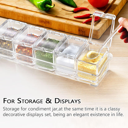 V·RESOURCING Clear Seasoning Box, 3 Pieces Seasoning Rack Spice Pots Storage Container for Spice Salt Sugar Cruet Liquid,Condiment Jars with 3 Spoons