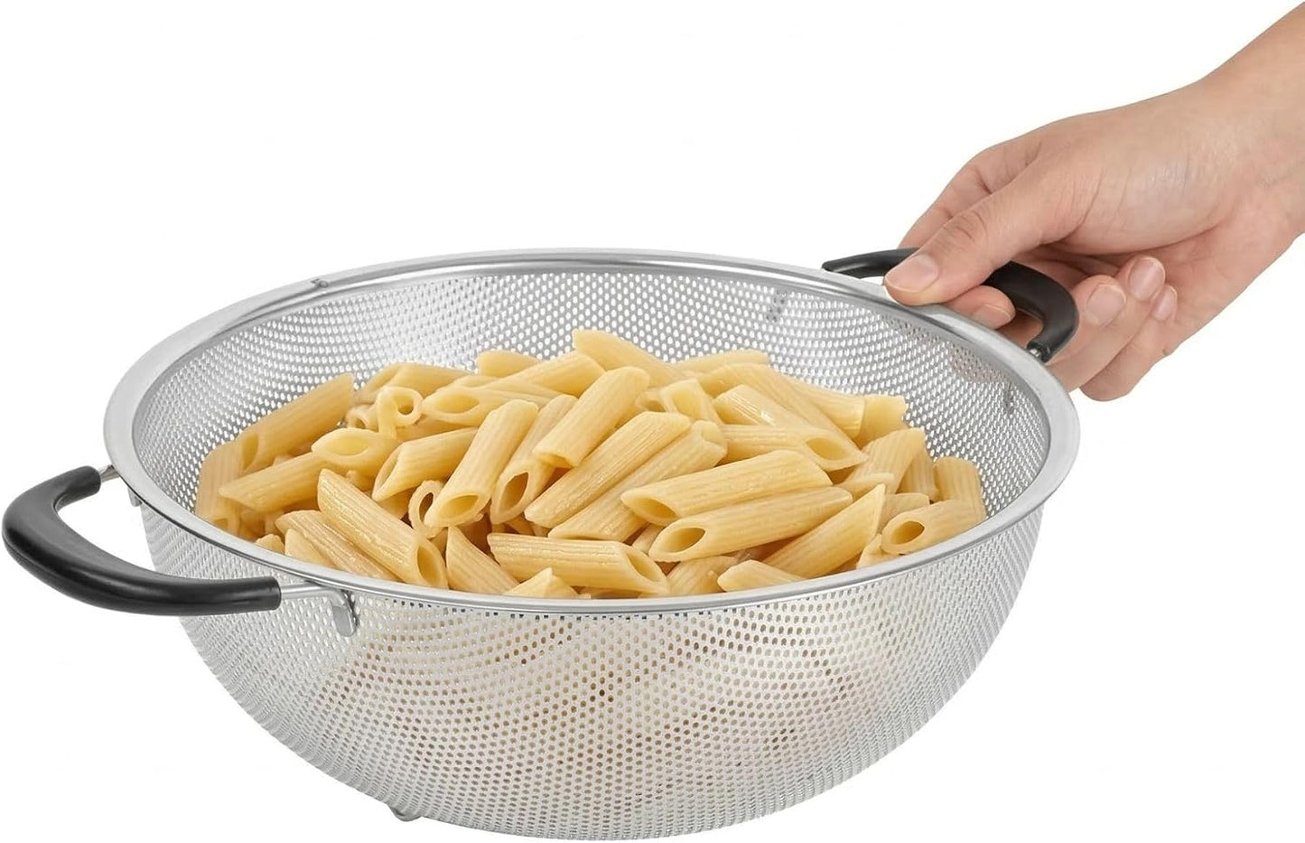 Restaurantware Colander 1 Count 5.5 qt Dishwasher-Safe Stainless Steel Coarse Mesh Colander with Over-The-Sink Expandable Handles Kitchen Strainer Basket for Pasta, Fruits, and Vegetables