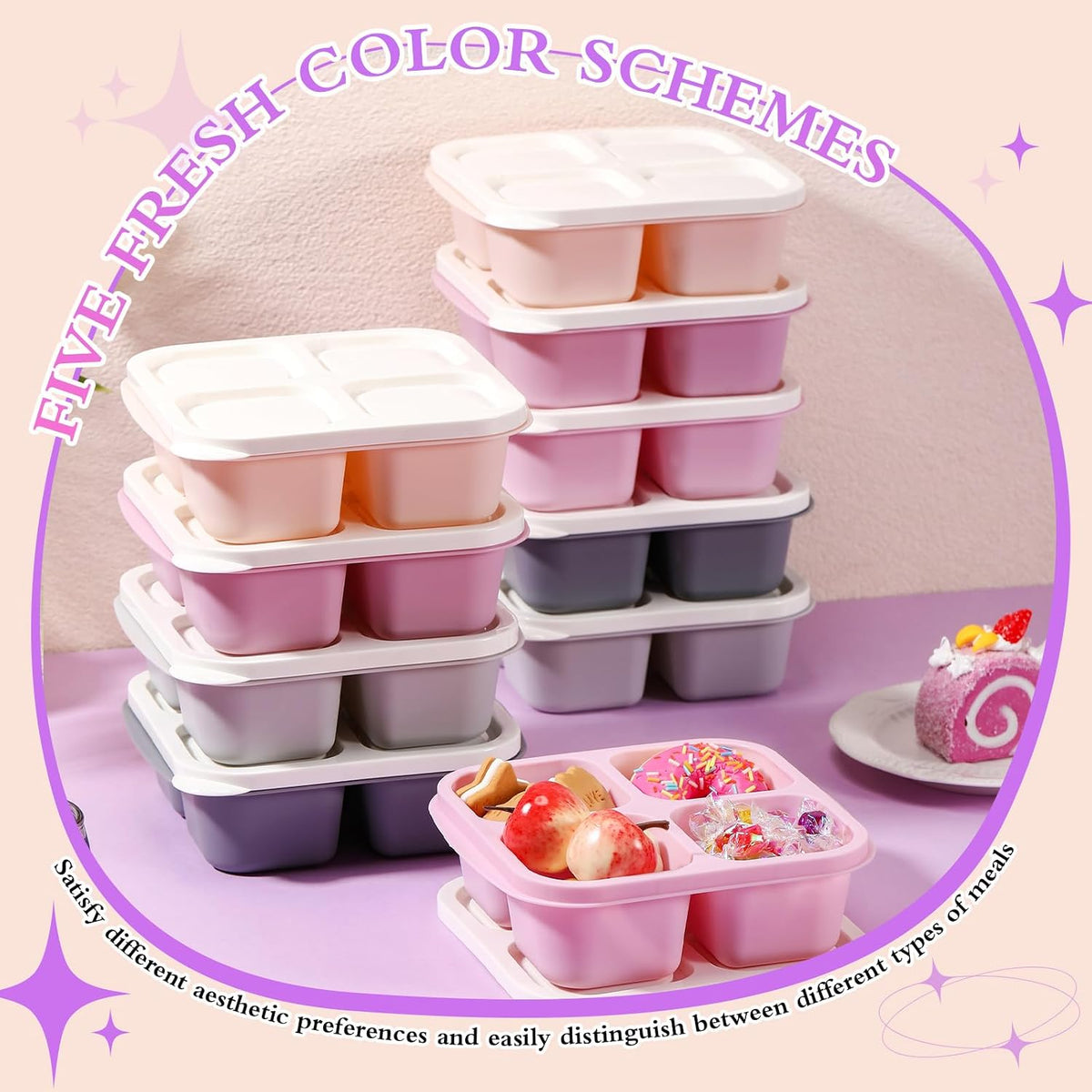 Honeydak 10 Pack Bento Snack Containers 4 Compartment Snack Boxes Reusable Containers with Lids Divided Meal Prep Lunch Food Storage Box for School Work Travel
