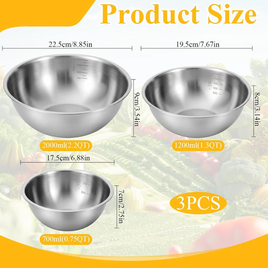 3 Packs Stainless Steel Mixing Bowls with Measurement Marks, Thicker Stainless Steel Flat Bottom Mixing Bowls Set, Stackable Salad Bowl for Cooking, Baking, Salad, Vegetables
