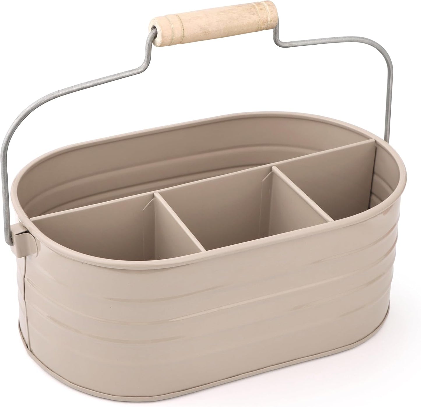 Alpha Living Home Galvanized Metal Utensil Caddy - Rustic Farmhouse Organizer Metal Garden Caddy with 4 Compartments and Wooden Handle for Kitchen, Buffet & Outdoor Events (Silver)