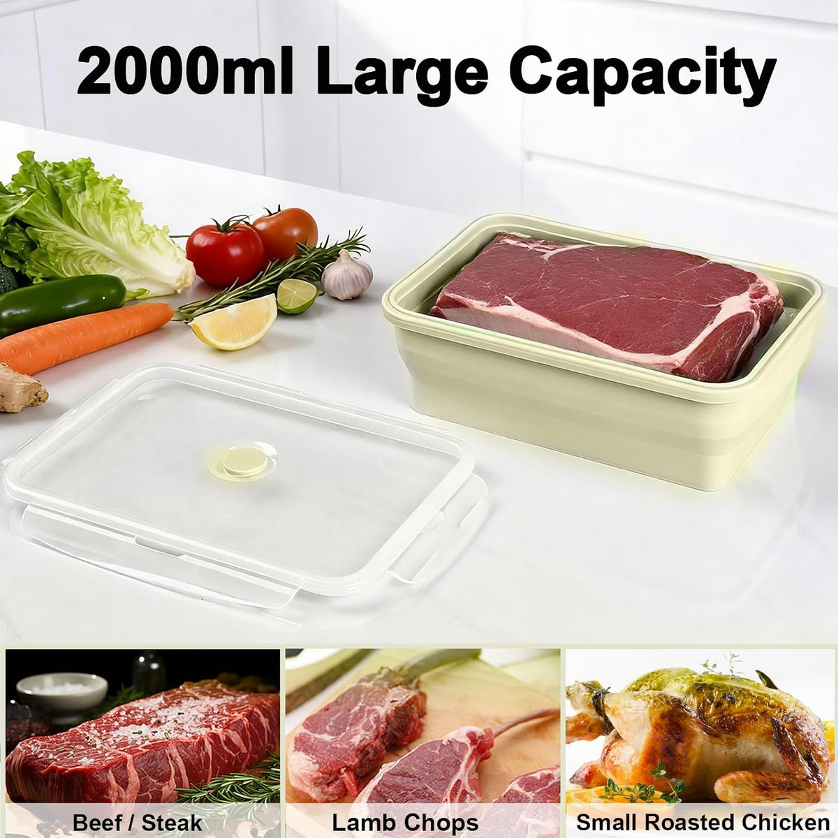 Large Silicone Food Storage Containers 68oz/2000ml 4 Pack | Collapsible Meal Prep Containers, Airtight Leakproof Lid, Containers for Camping, Microwave Freezer Dishwasher Safe