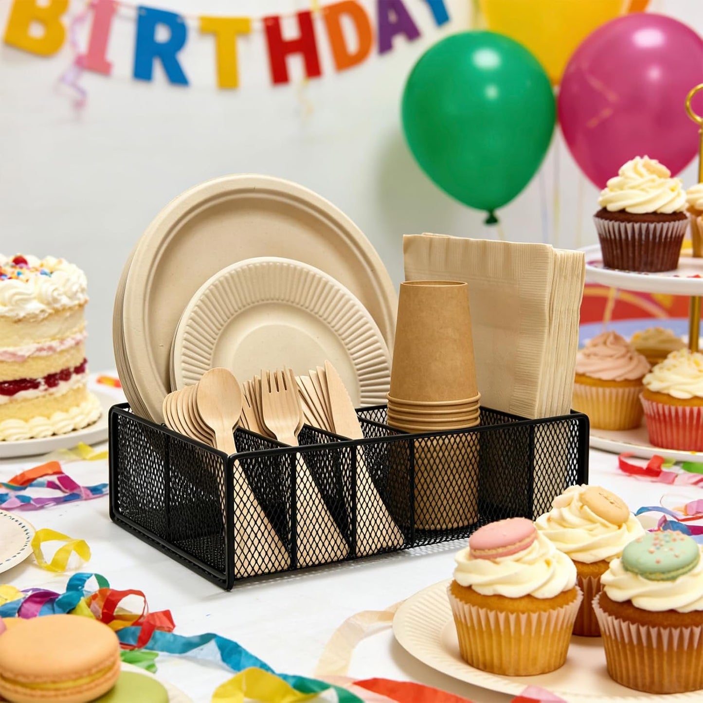 Paper Plate Organizer for Countertop - Metal Utensil Caddy Silverware Holder Cutlery Flatware Plastic Spoon Fork Plates Napkins Cup Storage Dispenser Party Picnic Essentials Camping Supplies
