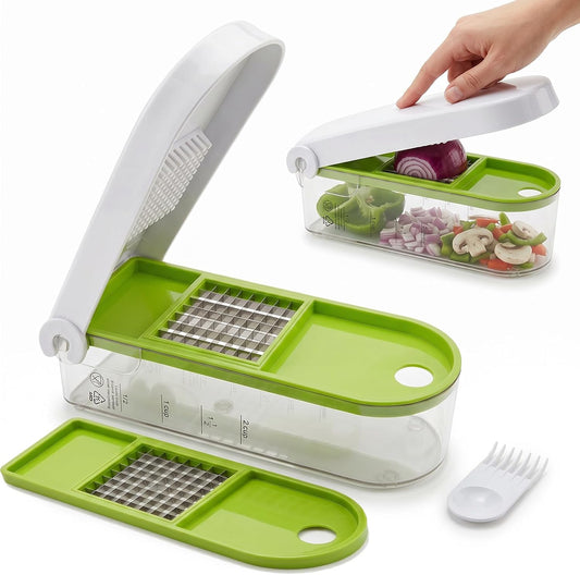 Vegetable Chopper - Manual Veggie Dicer and Food Cutter with 2 Stainless Steel Blades, 2-Cup Storage Container, Cleaning Tool - Onion Slicer, Fruit Salad Maker, Dishwasher Safe