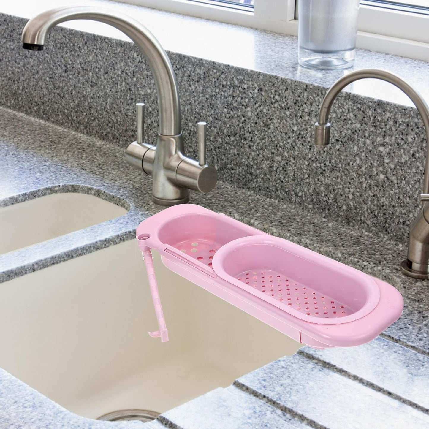 GALPADA Expandable over Sink Colander Strainer Basket, Pink Kitchen Sink Basket with Fine Mesh, Multifunctional Vegetable Washing and Dish Dry Rack for Food Drainage and Storage