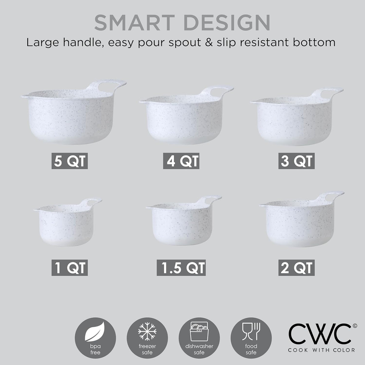 COOK WITH COLOR Nesting Plastic Mixing Bowl Set with Pour Spouts and Handles, Gray, Non-Slip