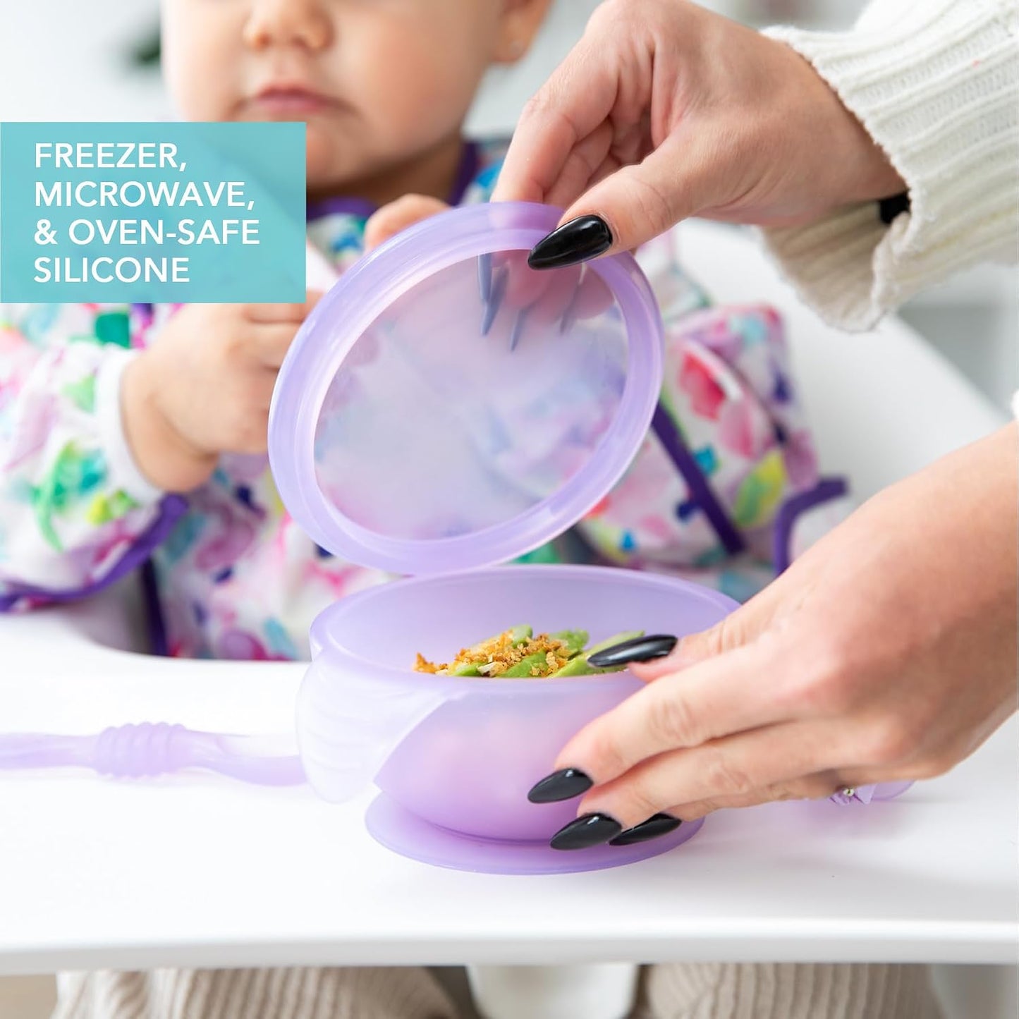 Bumkins Baby Bowl, Silicone Feeding Set with Suction for Baby and Toddler, Includes Spoon and Lid, First Feeding Set, Training Essentials for Baby Led Weaning for Babies 4 Months Up, Sage