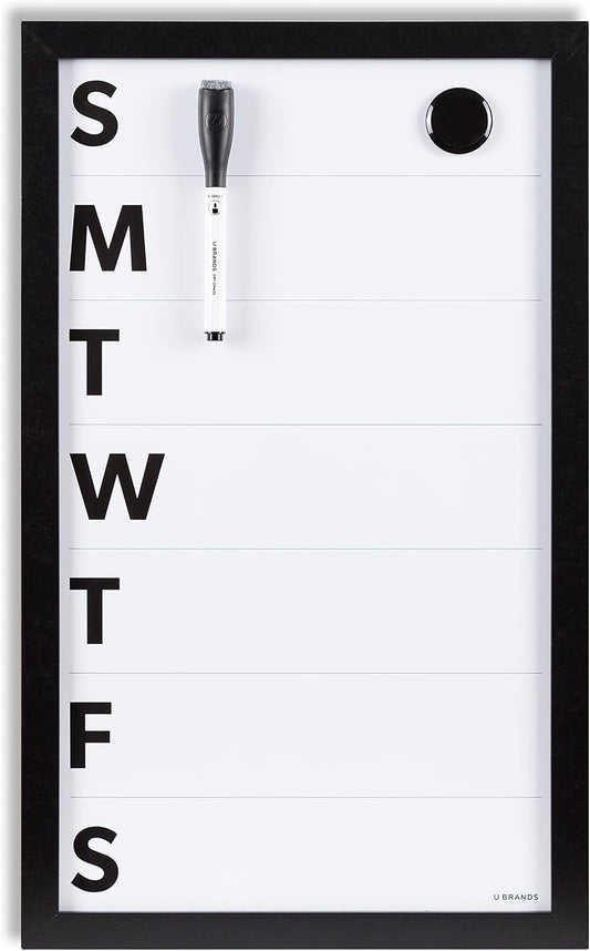 U Brands Framed Magnetic Weekly Calendar Dry Erase White Board, Office Supplies, Black Frame, with Marker, Magnet, 11” x 18”