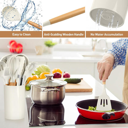 LIANYU 15 PCS Silicone Kitchen Utensils Set with Holder, Cooking Utensils set for Nonstick Cookware, Heat Resistant & Non Toxic Spatula Ladle Tong, White