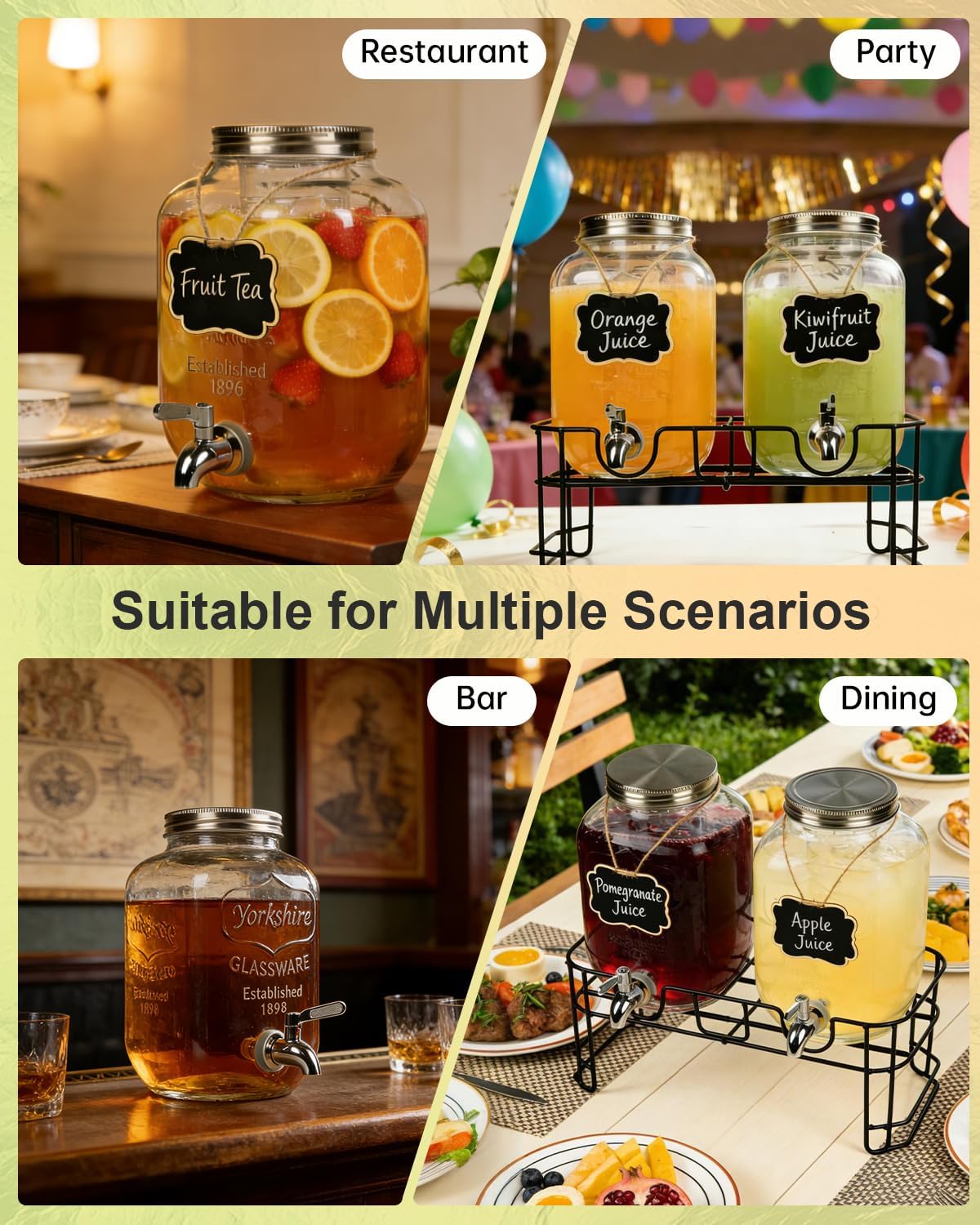 Glass Drink Dispenser 2 Pack with Stand - 1 Gallon Glass Beverage Dispenser for Parties, Juice, Water - Includes Spigot and Filter Separation and Chalkboard Labels
