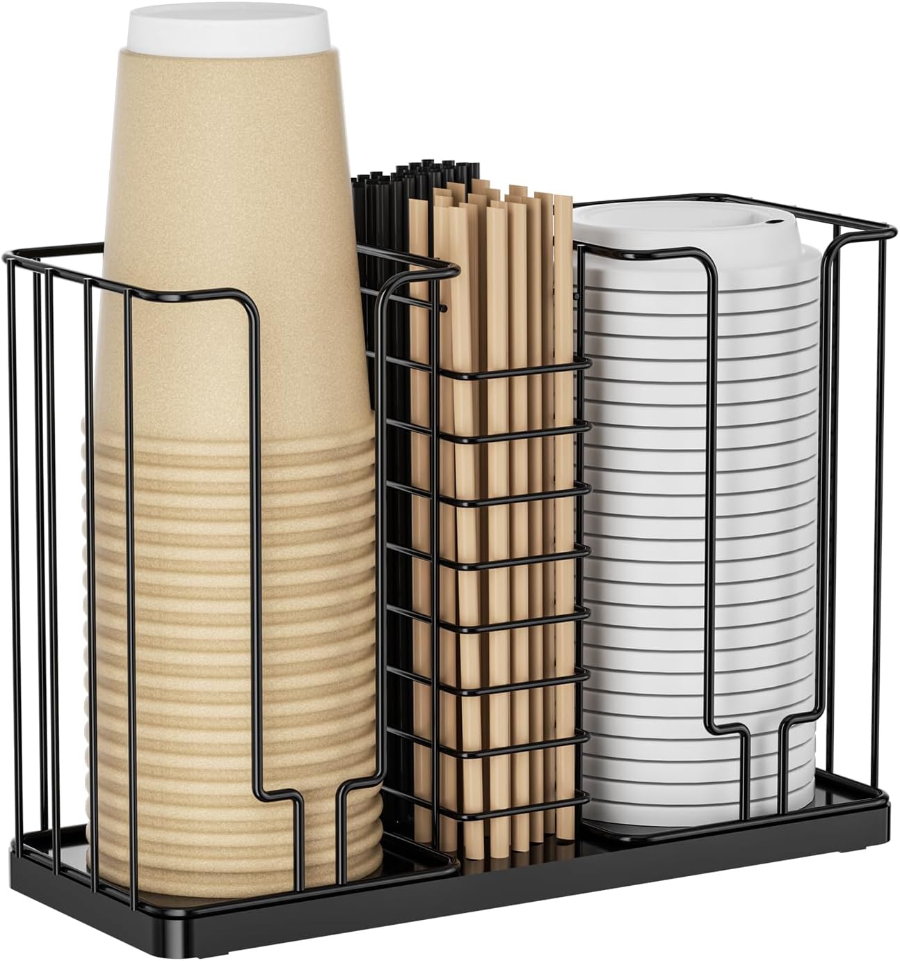 Coffee Cup and Lid Holder - Disposable Cup Holder, Metal Paper Cup Holder 3-Compartment Coffee Cup Dispenser for Countertop Coffee Station Bar Restaurant Office Breakroom Shop Kitchen