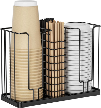 Coffee Cup and Lid Holder - Disposable Cup Holder, Metal Paper Cup Holder 3-Compartment Coffee Cup Dispenser for Countertop Coffee Station Bar Restaurant Office Breakroom Shop Kitchen