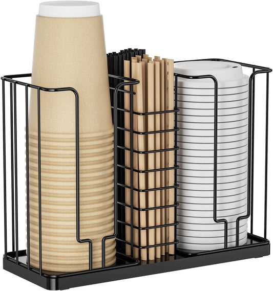 Coffee Cup and Lid Holder - Disposable Cup Holder, Metal Paper Cup Holder 3-Compartment Coffee Cup Dispenser for Countertop Coffee Station Bar Restaurant Office Breakroom Shop Kitchen