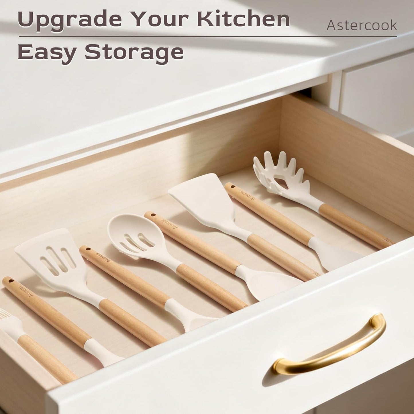 Astercook 39 PCS Kitchen Utensils Set, Silicone Cooking Utensil Sets with Wooden Handle, 446°F Heat Resistant Food Grade Spatula Set, BPA Free Kitchen Gadgets Tools Set & Spoons for Nonstick Cookware